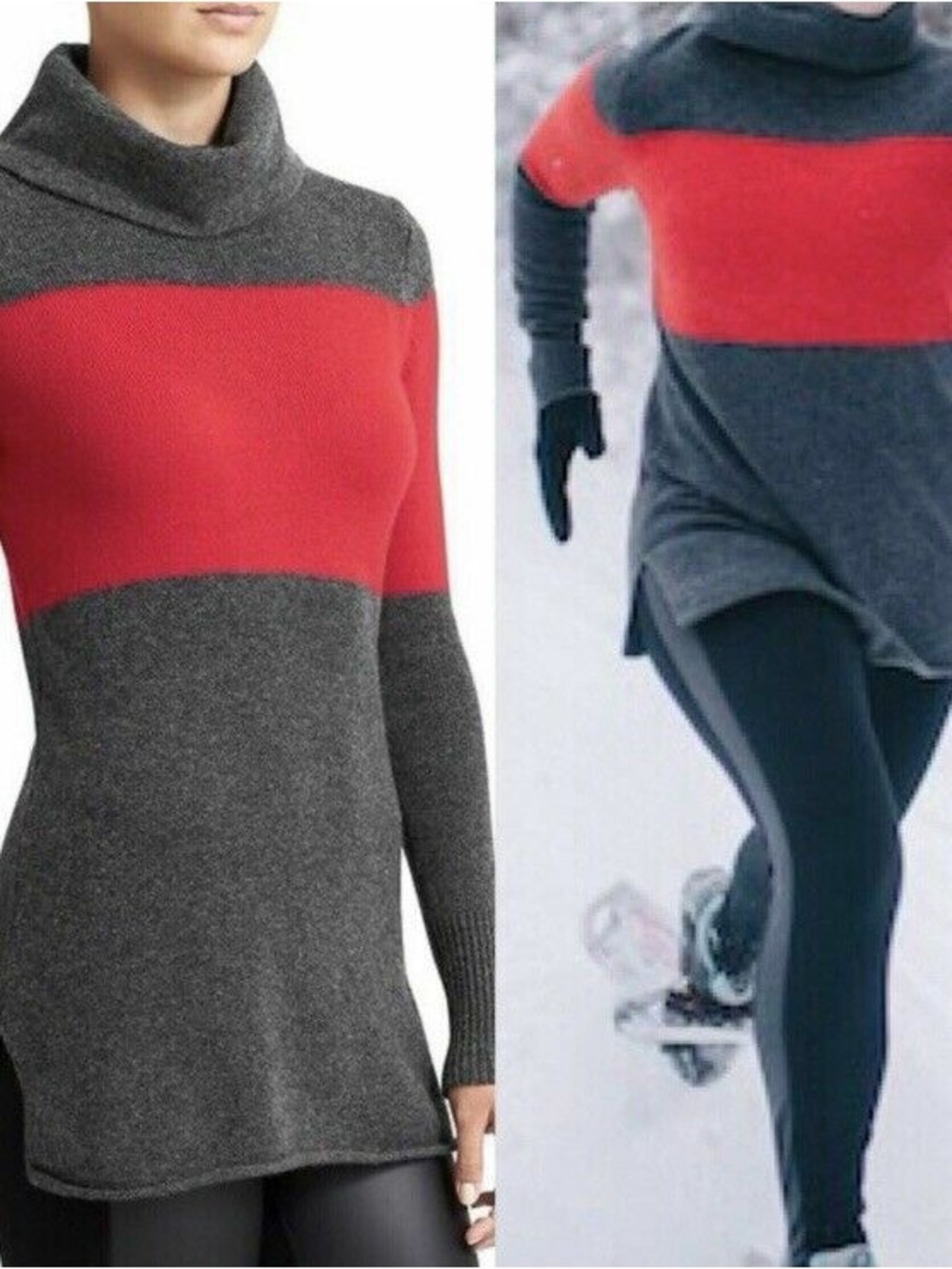 Athleta Chalet Stripe 100% Cashmere Cowl Neck Tunic Sweater Gray Red XL